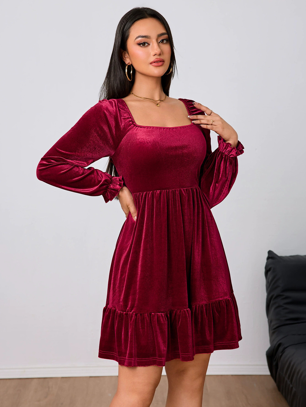 ZARA French Velvet Wine Red Midi Dress Spring Summer Luxury - Picture 6 of 6